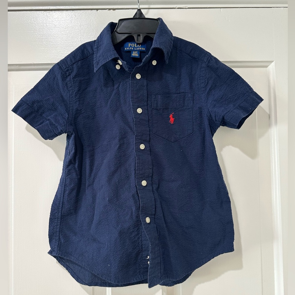 Ralph Lauren cotton seersucker boys toddler collar short sleeve shirt